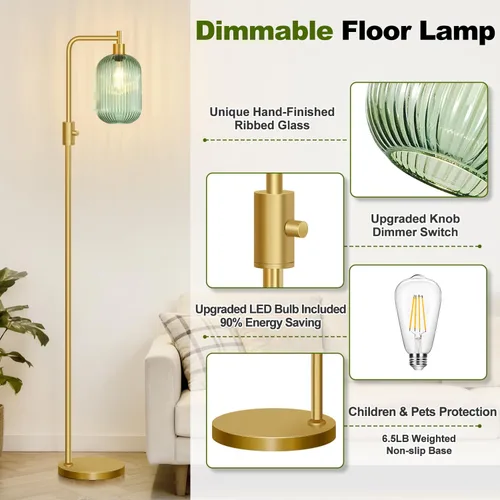 Miniatura 5 de 【Actualizada】Lámpara de pie de vidrio regulable para sala de estar, moderna lámpara de pie dorada con pantalla de vidrio acanalado verde y atenuador