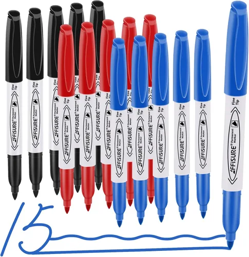 Marcadores permanentes, negro, azul, rojo, paquete de 15, punta fina, juego de colores surtidos, funciona en madera, plástico, metal y más, para