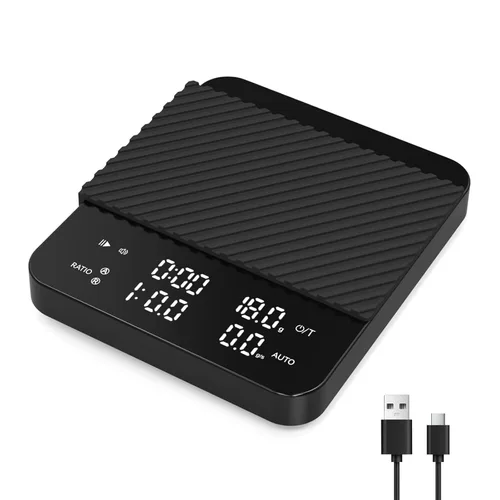 Báscula de café con temporizador, báscula digital recargable, pantalla de ratios y tasa de flujo, de grado barista para goteo, café expreso, prensa