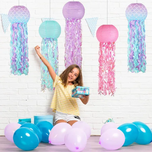 Miniatura 3 de Decoraciones de cumpleaños de sirena, linternas de papel de medusas rosadas lavanda azul, escamas de sirena colgantes en forma de linterna