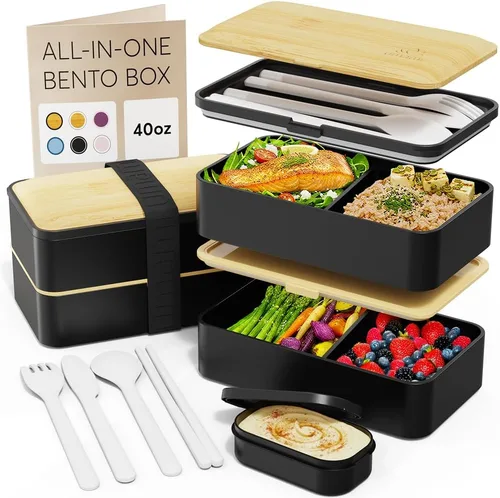 Miniatura 11 de Umami Cajas de almuerzo con 4 utensilios, tarro de salsa, Caja bento apilable que ahorra espacio para adultos, 100% a prueba de fugas, contenedores