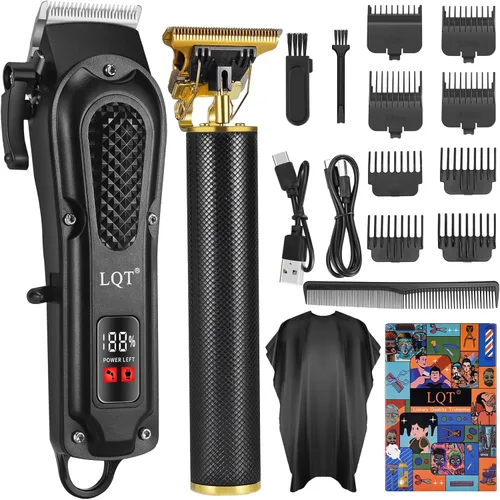 Miniatura 3 de LQT® Juego de cortapelos profesional para hombres, juego de cortapelos inalámbrico con tijeras - Negro