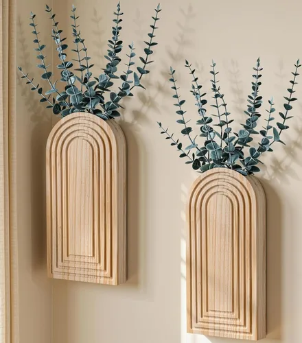 Miniatura 12 de DREAMLOOM Paquete de 2 jarrones de pared de madera con plantas artificiales de eucalipto, macetas para colgar en la pared, estilo bohemio y moderno