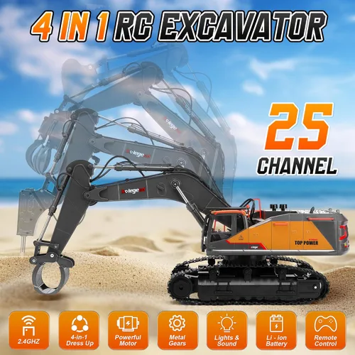 Miniatura 2 de kolegend 1:14 Excavadora RC 25 canales 4 en 1 juguetes de construcción, vehículos de control remoto, tractor, caja de arena, juguetes excavadora
