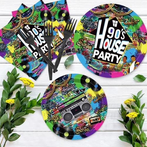Miniatura 3 de Juego de vajilla para fiesta de casa de los 90, 96 piezas, platos desechables de hip hop retro graffiti, servilletas, tenedores y suministros