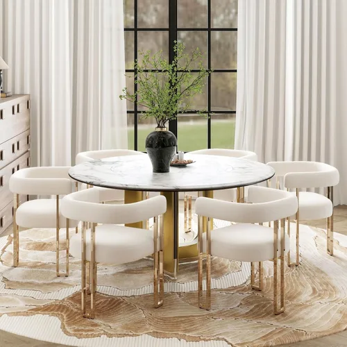 Miniatura 38 de Hyfirm Juego de 2 sillas de comedor de barril beige y dorado, modernas sillas tapizadas de terciopelo con respaldo curvado para isla de cocina