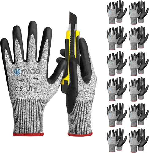 KAYGO 12 pares de guantes de trabajo resistentes a cortes para hombres y mujeres, guantes de corte ANSI A3, guantes de trabajo de seguridad de Gris