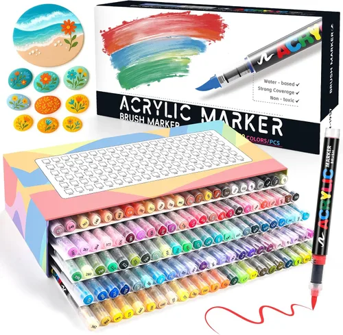 Goldge Marcadores de pintura acrílica de 120 colores, bolígrafos de punta de pincel suave con sistema de tinta directa para rocas, madera, tela,