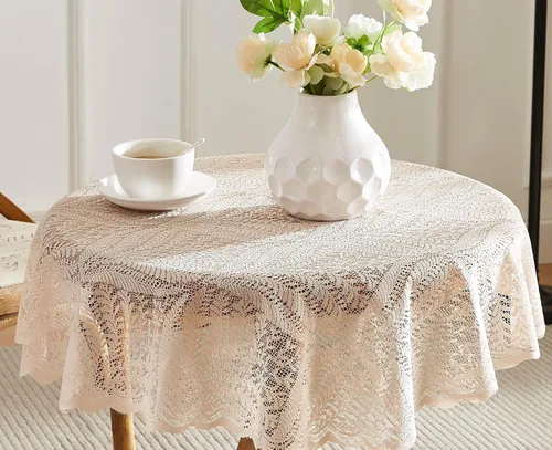 Miniatura 3 de Warm Home Designs Mantel de encaje dorado de lino, mantel redondo pequeño de 48 pulgadas de diámetro. Mantel floral, superposición rústica o mantel