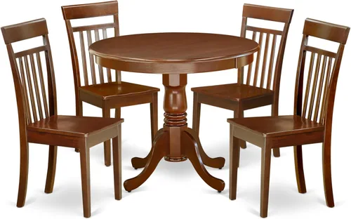 East West Furniture AANCA5-MAH-W Juego de mesa de comedor de 5 piezas incluye una mesa de cocina redonda con pedestal y 4 sillas de comedor, 36 x 36
