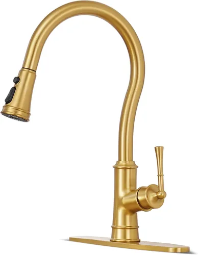 Grifo de cocina con rociador extraíble, grifo de fregadero de cocina de latón vintage dorado de arco alto con placa de cubierta de 1 o 3 agujeros,