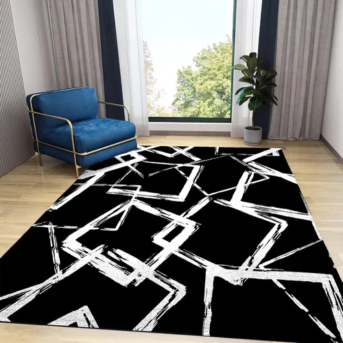Miniatura 4 de Alfombra de área de líneas geométricas abstractas, patrón geométrico blanco sobre fondo negro, antideslizante, alfombra de área grande, alfombra