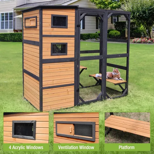 Miniatura 6 de Casa grande para gatos Catio Kitty House con 4 niveles para gatos al aire libre, techo impermeable, recintos para gatos, 77 pulgadas (marrón)