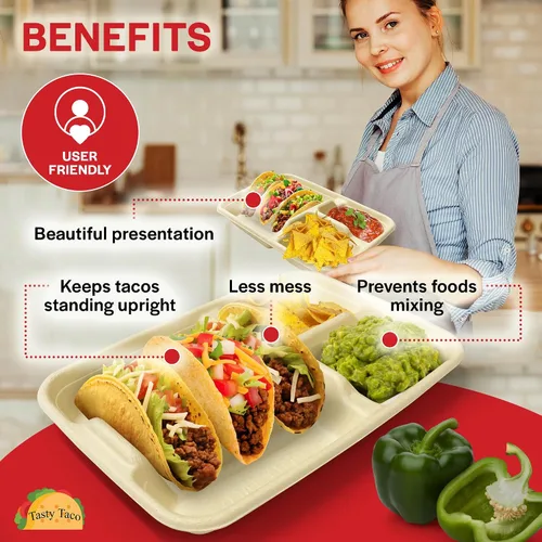 Miniatura 4 de Platos de taco de 3 y 2 lados, platos de papel desechables con divisores - Paquete de 25 Bandeja de tacos para fiesta, soporte de tacos
