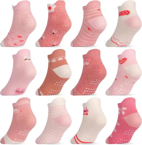 Tphon Toddler Girls Socks with Grips Baby Anti Slip Ankle Socks 12 Pairs Kids Cute Cartoon Patterns Sock for 6M-7Years