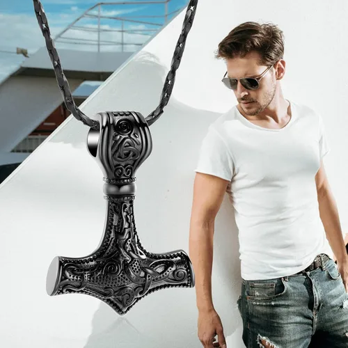 Miniatura 4 de Joyería de cremación de martillo de Thor vikingo nórdico Mjolnir para cenizas para mujeres y hombres, collar de urna de nudo celta de acero