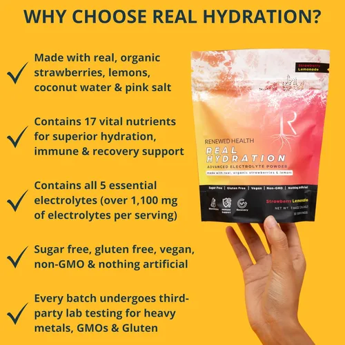 Miniatura 3 de Real Hydration Advanced Electrolyte Powder - Hecho con frutas orgánicas reales y sal rosa - Cero azúcar y vegano - Soporte de hidratación, inmune
