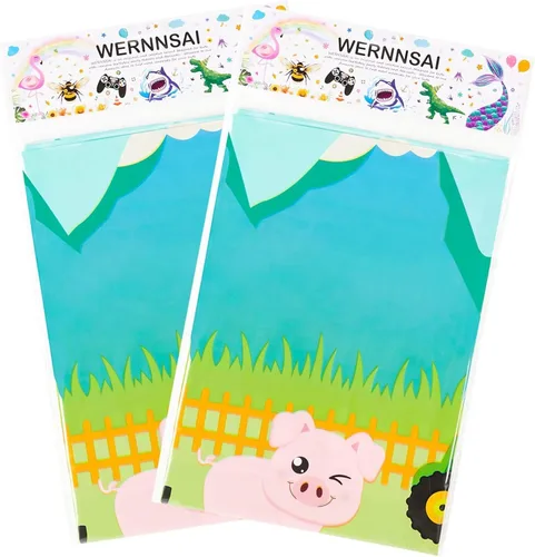 Miniatura 7 de WERNNSAI 2 manteles de granja – Decoración de cumpleaños de animales de granja, mantel de fiesta de animales, decoración de cumpleaños para niños