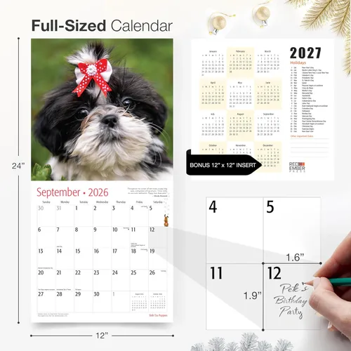 Miniatura 5 de RED EMBER Shih Tzu Puppies 2026 Calendario de pared de 12 meses 12 x 24 pulgadas abierto Papel grueso y resistente Regalo de vacaciones