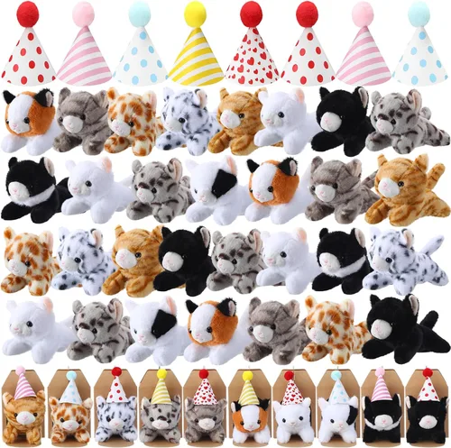 Miniatura 15 de Juego de 20 Mini Juguetes de Peluche Animales de Peluche Perros con Sombreros de Cumpleaños Cajas de Papel Kraft Cachorros de Peluche Pequeños