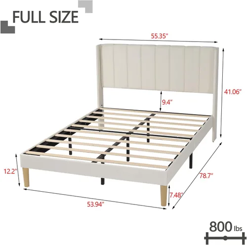 Miniatura 2 de Marco de Cama Tapizada de Plataforma Tamaño Full con Cabecero, Soporte de Listones de Madera Resistentes, No Necesita Somier, Montaje Fácil, Beige