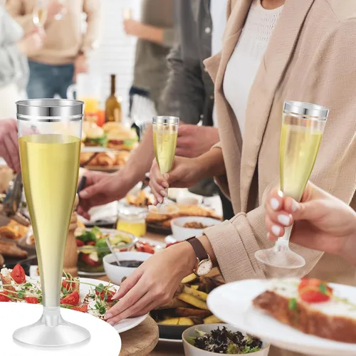 Miniatura 7 de Skylety 100 copas de champán con borde plateado a granel de 4.5 onzas, vasos de plástico transparente para tostar, vasos de mimosa, vasos de cóctel
