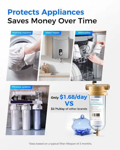 Miniatura 9 de Waterdrop Filtro de sedimentos Mega Spin Down, sistema de filtro de agua reutilizable para toda la casa con mayor capacidad, 2 en 1 doble filtración