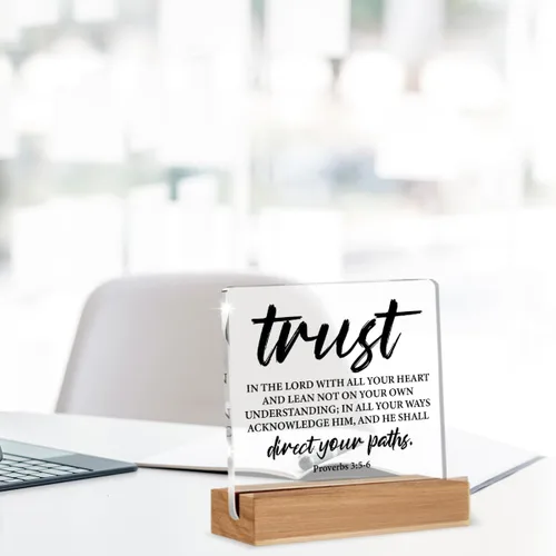 Miniatura 7 de Regalos de versículo bíblico cristiano para mujeres y hombres, letrero acrílico con frase de Proverbios Trust in The Lord Scripture con soporte