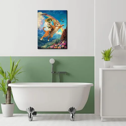 Miniatura 5 de Lienzo de paisaje victoriano OVNI para pared, diseño divertido de alienígena montando un gato, cuadros eclécticos de gato, póster impreso