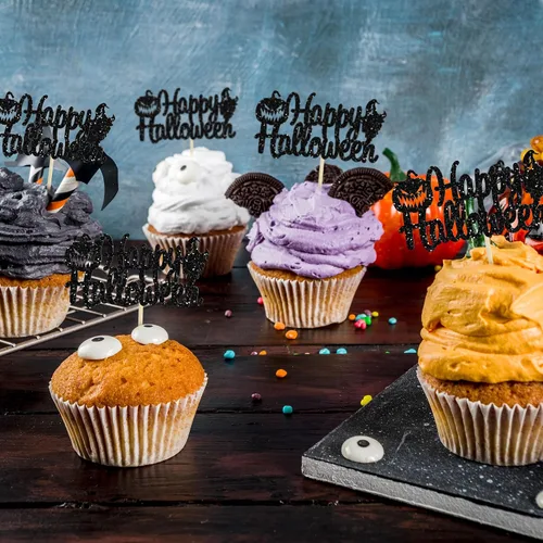 Miniatura 7 de Gyufise 24 adornos para cupcakes de Halloween con calabaza, fantasma, purpurina negra, decoraciones para cupcakes para niños, decoración de fiesta