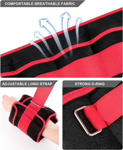 Miniatura 2 de Pesas de tobillo ajustables de 1-3/4/5/6/8/10/12/15/20 libras, par con peso extraíble para correr, gimnasia, aeróbic, terapia física Rojo