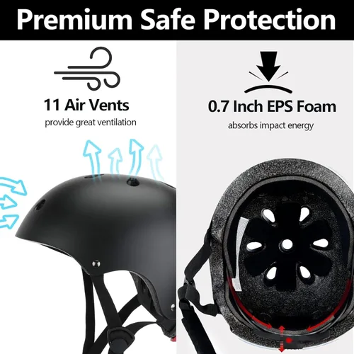 Miniatura 7 de Juego de casco de bicicleta para niños, certificado CPSC con rodilleras, coderas, muñequeras, casco negro ajustable para niñas de 2-3-5-8 años