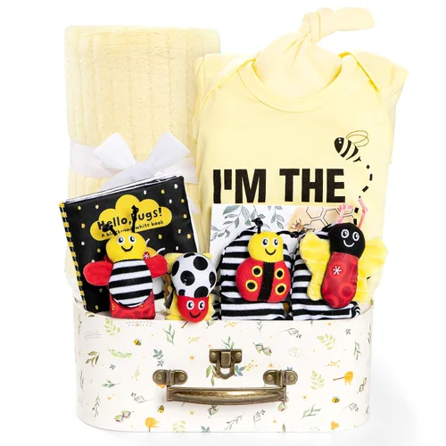 iAOVUEBY Conjunto de regalo para bebé para recién nacido, canasta de regalos para baby shower de abeja, libro para bebé de alto contraste, juguetes,