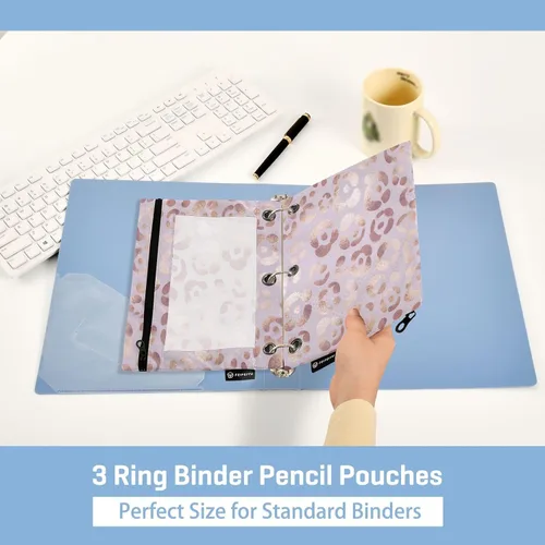 Miniatura 5 de Estuche para lápices con estampado de leopardo, guepardo, oro rosa, para carpeta de 3 anillas, 2 bolsas para lápices con cremallera, estuche