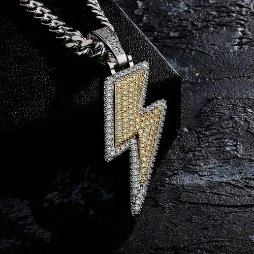 Miniatura 27 de JINAO Hip Hop - Colgante con diseño de rayo chapado en oro de 18 quilates con circonita cúbica con micropave de imitación de diamante para hombres
