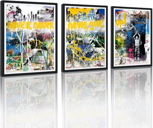 Miniatura 34 de 3 Piezas de Arte de Pared Banksy en Lienzo, Póster de Graffiti, Decoración de Pared con Citas Inspiradoras, Nunca Te Rindas, Obras de Arte para Sala