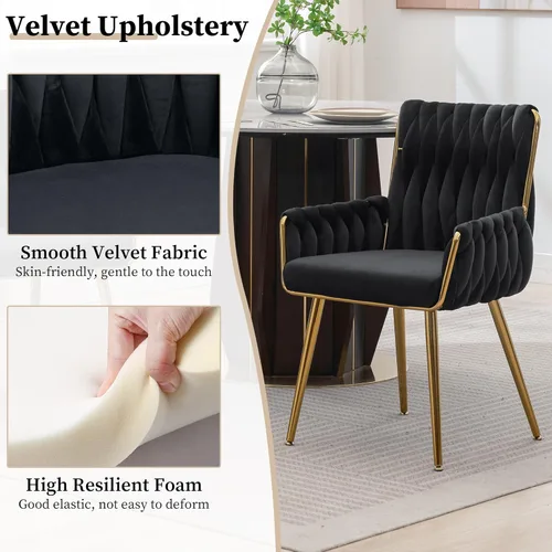 Miniatura 4 de ABET Silla de escritorio de oficina sin ruedas, silla de tocador de terciopelo tejido con respaldo y reposabrazos, cómoda y tapizada con patas