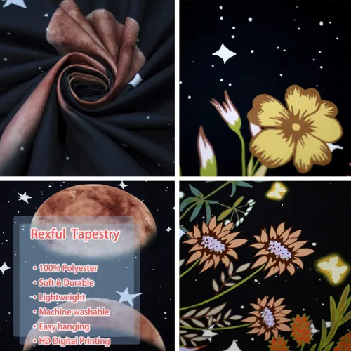 Miniatura 6 de Rexful Tapiz de jardín iluminado por la luna, fase lunar rodeada de plantas y flores, manta negra para colgar en la pared, 36 x 48 pulgadas