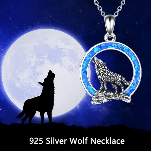 Miniatura 5 de YFN Collar de lobo, regalo para hombres y mujeres, plata de ley, ópalo y luna lobo, joyería de cumpleaños para amantes del lobo, 18+2 pulgadas