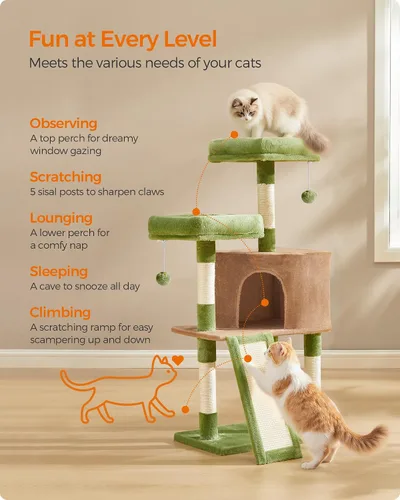 Miniatura 3 de Feandrea Árbol para gatos, torre para gatos de 45.3 pulgadas, condominio de felpa con poste rascador, rampa, perca, cueva espaciosa, para espacios