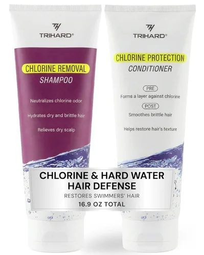TRIHARD Chlorine Defense - Champú y acondicionador de natación, protege e hidrata el cabello de la piscina y el océano, nutritiva antes y después de