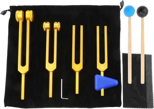 Miniatura 12 de Juego de diapasones 128Hz, 256Hz, 512Hz, instrumentos de sonido, diapasones Chakra con martillo, bolsa de almacenamiento y paño de limpieza, dorado