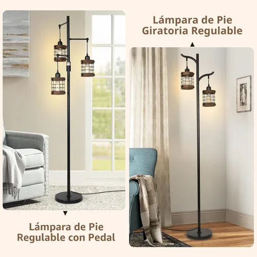Miniatura 7 de Lámparas de pie regulables para sala de estar, lámpara de pie industrial de 3 luces con jaula de madera y metal, lámpara de pie de granja lámpara