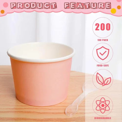 Miniatura 4 de Cunhill 100 tazas de helado de 8 onzas con 100 cucharas, recipientes de helado de color sólido, tazas de helado desechables, tazones de yogur