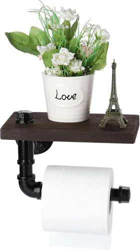 Miniatura 6 de Soporte de papel higiénico con estante, colgador industrial de papel higiénico montado en la pared con estante de madera rústica para baño, baño