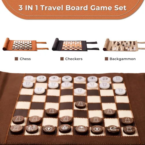 Miniatura 3 de Woodronic Juego de damas de backgammon de ajedrez de viaje 3 en 1, juego de backgammon de cuero enrollable con 32 piezas de perlas premium y 5 Marrón