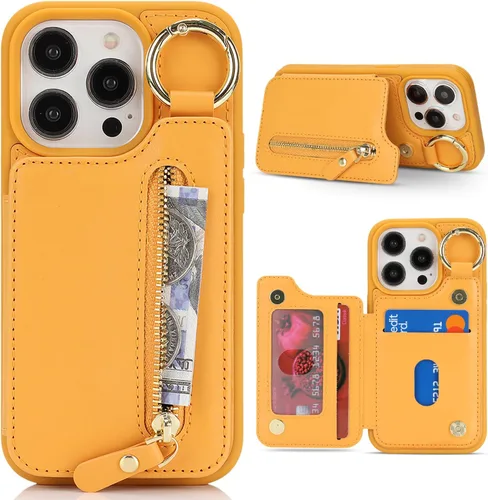 Miniatura 12 de Havaya Funda para iPhone 13 Pro con tarjetero y llavero, soporte de cuero, a prueba de golpes, con ranuras para tarjetas de crédito, cremallera