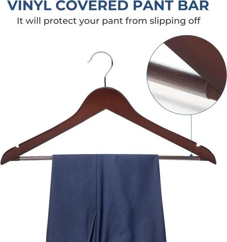 Miniatura 4 de JS HANGER Perchas de madera para traje, paquete de 20 perchas de madera de alta calidad de 17.5 pulgadas con barra antideslizante para pantalones