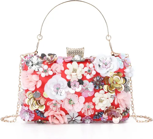 KUANG! Bolsos de noche con flores florales para mujer, bolsos de mano coloridos con diamantes de imitación, bolso de hombro con cadena de boda