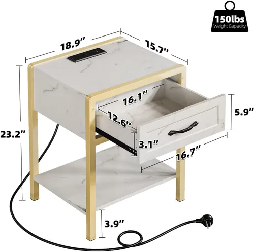 Miniatura 2 de IDEALHOUSE Mesa auxiliar moderna, mesita de noche blanca y dorada con estación de carga, mesita de noche con cajón, mesa auxiliar moderna